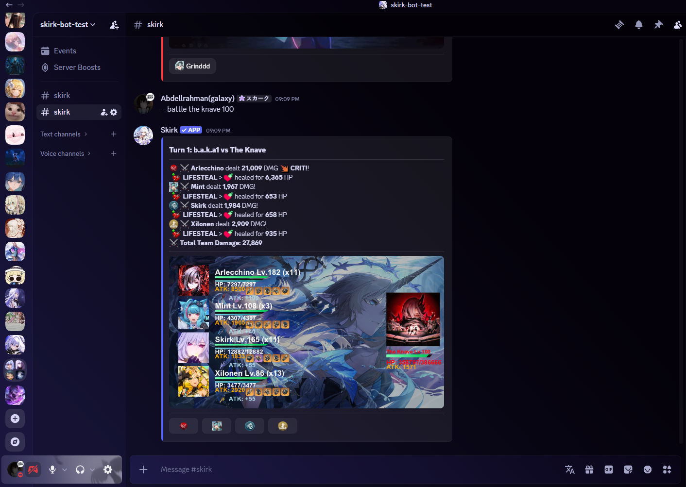 Skirk Bot running in Discord on desktop