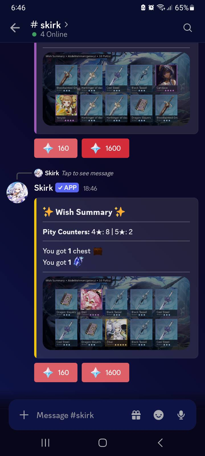 Skirk Bot /hunt command running in a Discord chat on mobile